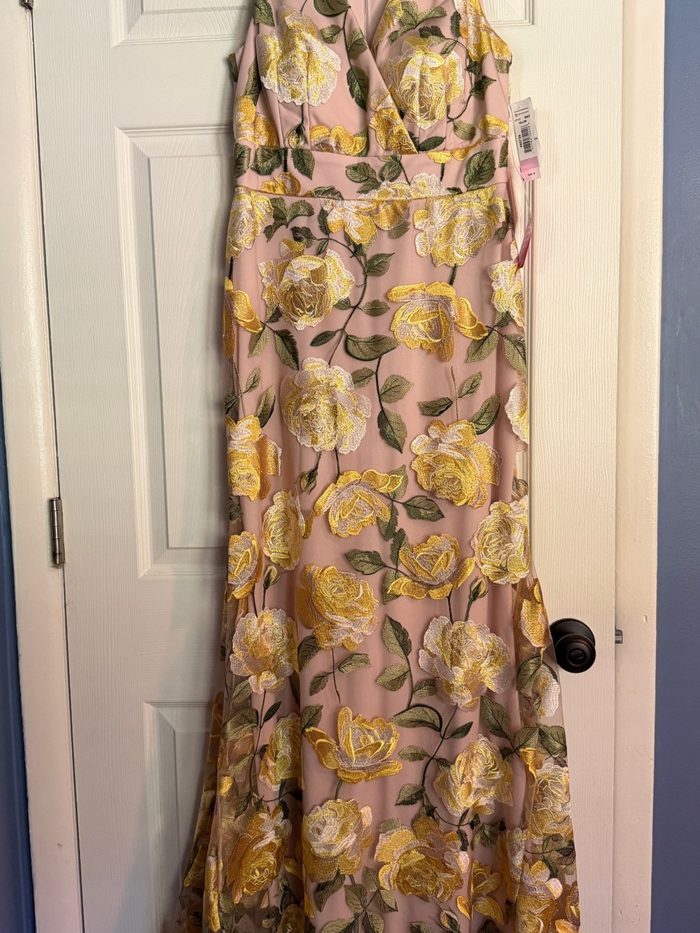 R&M Richards Beige & Yellow Floral Embroidered Evening Dress
